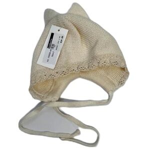 NWT Carmina Bonnet cream knit baby bonnet lace with bo size 2